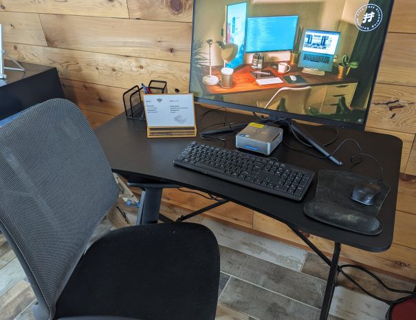 WORKSPACE: You have a desk, mini computer, monitor and ergonomic office chair at your disposal. No TV, but iI you bring your log-in information, you can enjoy your regular streaming services.