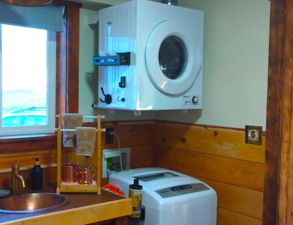 LAUNDRY: If it's laundry day for you, check out the tiny house washer and dryer. The dryer takes 200 minutes to dry (allow time!) and is best used in the middle of the day, if we are in summer and running off-grid.