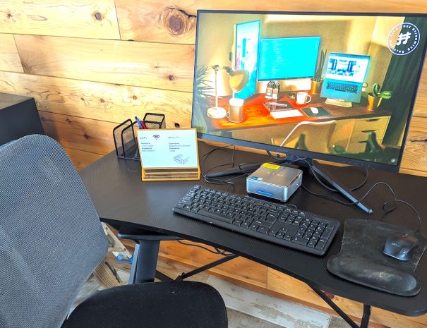 WORKSPACE: You have a desk, mini computer, monitor and ergonomic office chair at your disposal. No TV, but iI you bring your log-in information, you can enjoy your regular streaming services.